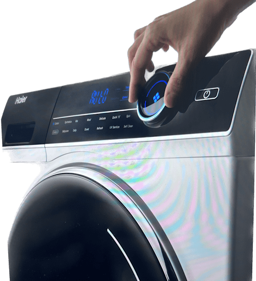 Haier wasmachine met zwart display en bediening 